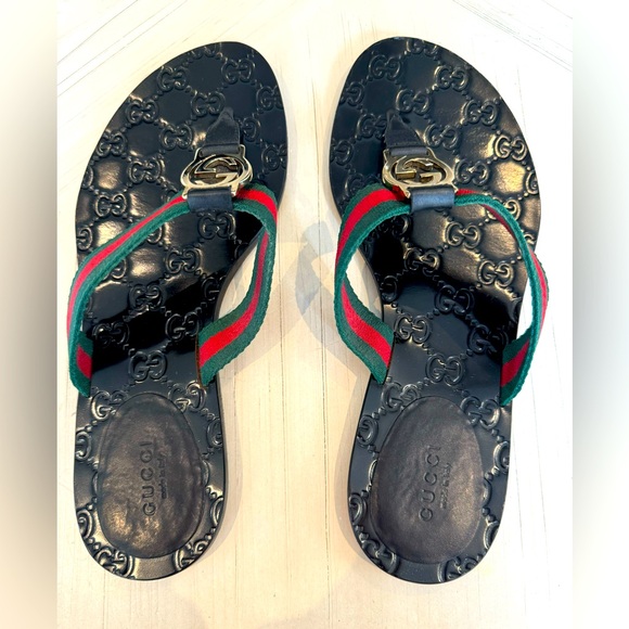 Authentic GUCCI Guccissima Web Thong Sandals Size 38/7.5 in Green Red Black - Picture 5 of 12